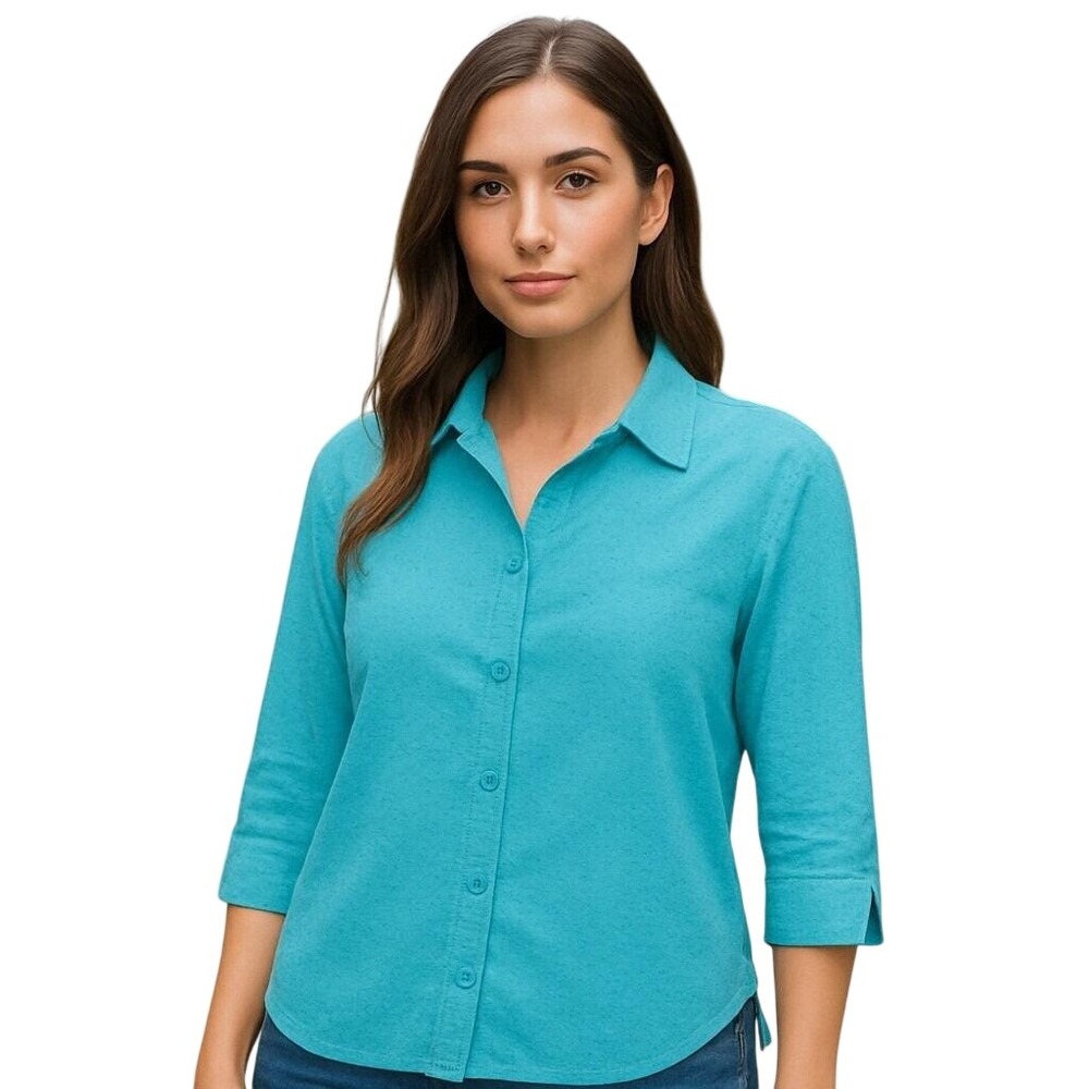 Vintage Pappagallo Aqua Blue Cotton‎ Swiss Dot with Ruched Sides Blouse M